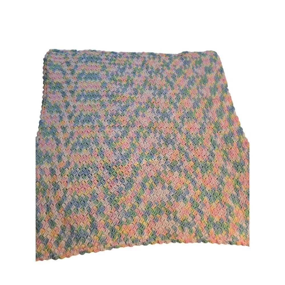 Vintage Handmade Spring Pastel Pink Blue Crochet Throw Blanket
